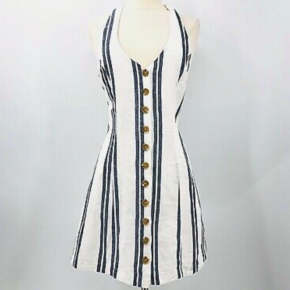 Linen Button Down Striped Dress Navy and White